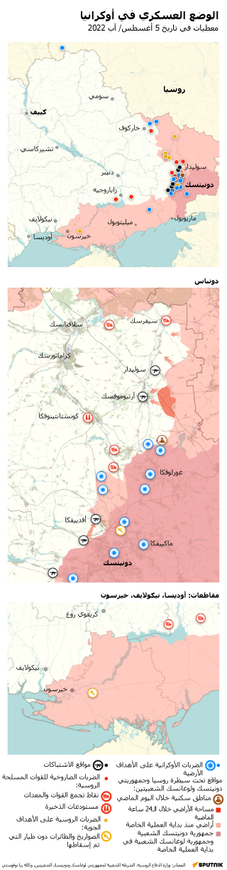 خريطة العملية العسكرية الروسية الخاصة في أوكرانيا ليوم 5 أغسطس 2022 - سبوتنيك عربي