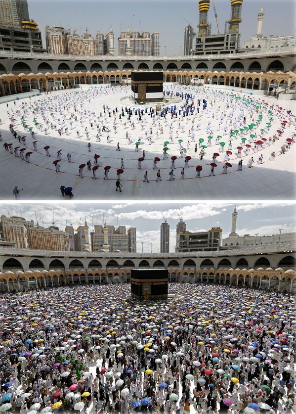 الصورة في الأسفل - الحجاج في مكة في العام الماضي، 13 أغسطس 2019، والصورة في الأعلى - الحجاج في مكة اليوم، 29 يوليو 2020 - سبوتنيك عربي