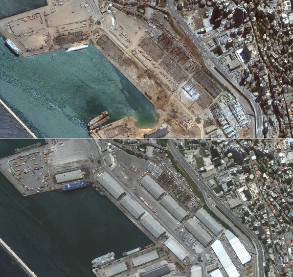  صورة أقمار صناعية، بتاريخ 5 أغسطس/ آب، تم الحصول عليها بإذن من شركة ماكسار تكنولوجيز الأمريكية، تظهر صورة تقارن مرفأ بيروت قبل و بعد الانفجار في 4 أغسطس 2020. - سبوتنيك عربي