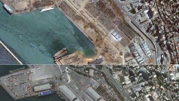  صورة أقمار صناعية، بتاريخ 5 أغسطس/ آب، تم الحصول عليها بإذن من شركة ماكسار تكنولوجيز الأمريكية، تظهر صورة تقارن مرفأ بيروت قبل و بعد الانفجار في 4 أغسطس 2020. - سبوتنيك عربي
