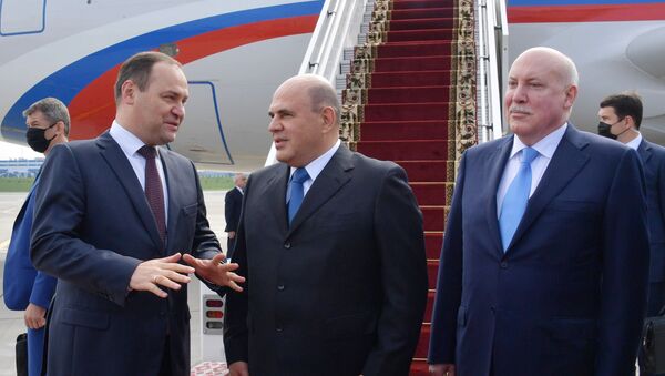رئيس الوزراء الروسي ميخائيل ميشوستين يصل مدينة مينسك، بيلاروسيا 3 سبتمبر 2020 - سبوتنيك عربي