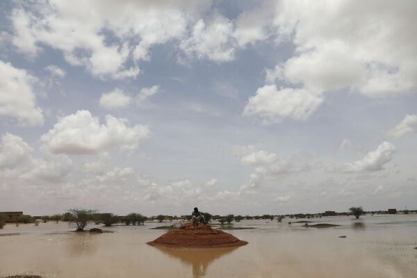سوداني يجلس على تل في حقل غمرته المياه بالقرب من بلدة العسيلات، 60 كم جنوب شرق الخرطوم، السودان ، 7 أغسطس 2020 - سبوتنيك عربي
