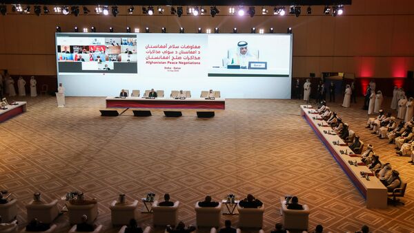 الجلسة الافتتاحية لمفاوضات السلام بين الحكومة الأفغانية وحركة طالبان، المنعقدة في الدوحة، قطر 12سبتمبر 2020 - سبوتنيك عربي