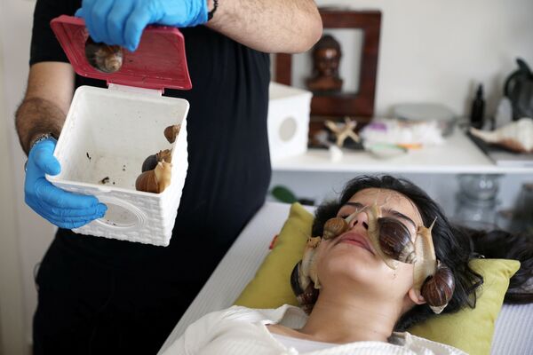 نورما رشية، 22 عاماً، خلال جلسة تدليك الوجه بواسطة الحلزونات البرية الأفريقية العملاقة، التي تعتبر مصدراً لتعزيز مادة الكولاجين في الجلد، في مركز تجميل في عمان، الأردن، 16 سبتمبر / أيلول 2020 - سبوتنيك عربي