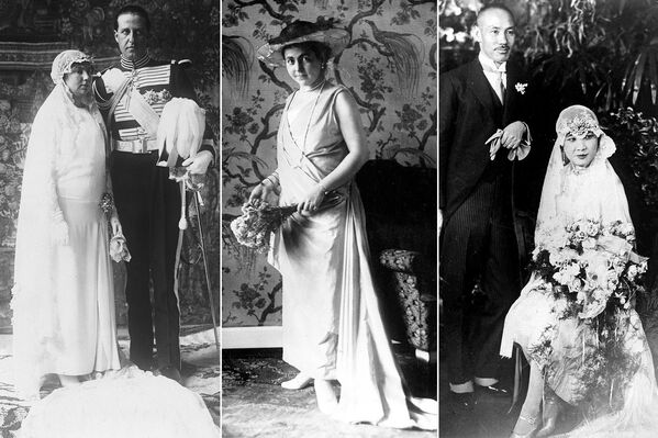 على يسار الصورة: الأميرة إيزابيلا ألفونسا، من بوربون في صقلية، بعد زفافها من الكونت يان زامويسكي في 9 مارس/ آذار 1929؛ وسط الصورة: الأميرة هيرمين روس من غريز، قبل زواجها من  فيلغيلم الثاني، آخر إمبراطور ألماني وملك بروسيا. تزوجا عام 1 نوفمبر/ تشرين الثاني 1922؛ يمين الصورة: السياسية الصينية سونغ لينغ مايو  مع زوجها المارشال والجنرال تشيانغ كاي شيك، 1 ديسمبر/ كانون الأول 1927. - سبوتنيك عربي
