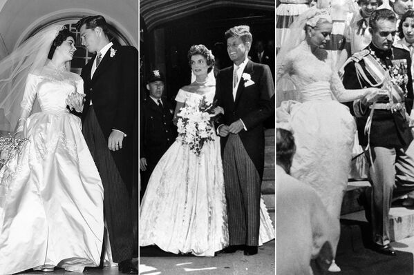 على يسار الصورة: الممثلة الأمريكية الشهيرة إليزابيث تايلور وزوجها كونراد هيلتون جونيور، 6 مايو/ أيار عام 1950؛ وسط الصورة:  الرئيس الأمريكي المستقبلي جون كينيدي  وزوجته جاكلين كينيدي (بوفييه)، 12 سبتمبر/ أيلول 1953؛ يمين الصورة: الممثلة غريس كيلي بعد زفافها من أمير موناكو رينييه الثالث، 19 أبريل/ نيسان عام 1956. - سبوتنيك عربي