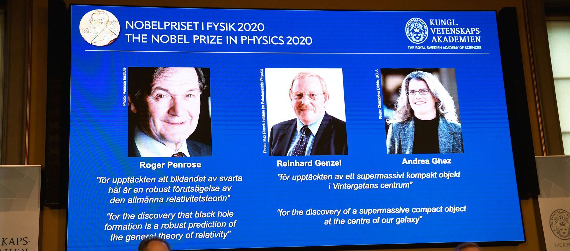 جائزة نوبل في الفيزياء لعام 2020، تُمنح بالمناصفة بين العالم روجر بنروز والعالمين رينهارد جينزل وأندريا جيز، لاكتشافهم أحد أعظم أسرار الكون، التي تتعلق بالثقوب السوداء، 6 أكتوبر 2020 - سبوتنيك عربي, 1920, 06.10.2020
