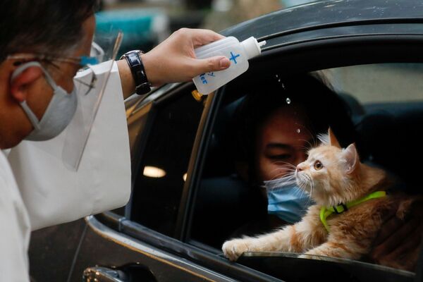 قس كاثوليكي يرش الماء المقدس على قطة في إطار فعالية نعمة للحيوانات الأليفة أثناء تفشي مرض فيروس كورونا (كوفيد-19) في اليوم العالمي للحيوان، في إيستوود مول، كويزون سيتي، الفلبين، 4 أكتوبر 2020. - سبوتنيك عربي
