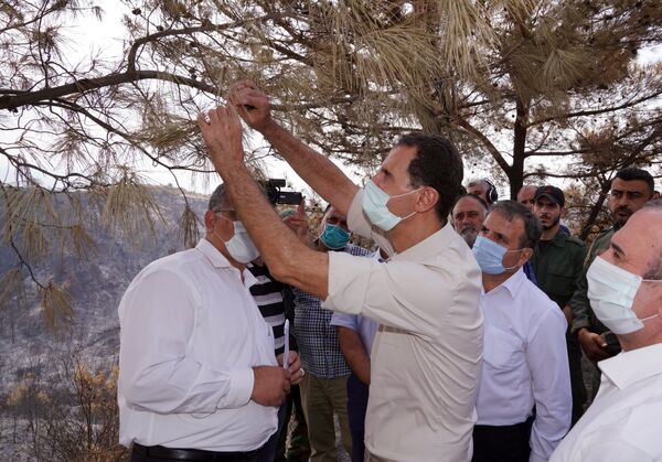  الرئيس بشار الأسد يزور منطقة كفردبيل، بريف جبلة، ضمن المناطق التي تعرضت للحرائق، سوريا 13 أكتوبر 2020 - سبوتنيك عربي