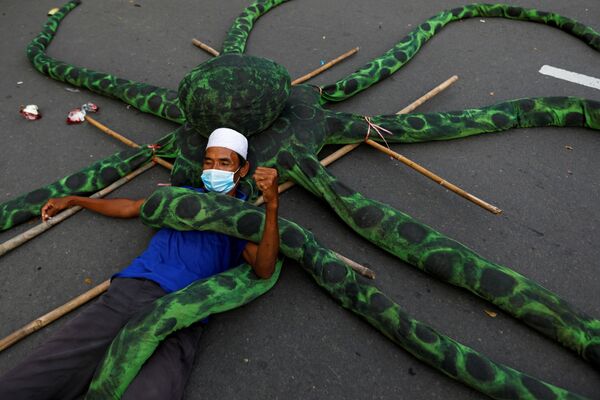 صياد يرتدي كمامة مستلقيا على أخطبوط صناعي، خلال احتجاج على إصلاحات الحكومة فيما يخص العمل في مشروع قانون خلق فرص العمل في جاكرتا، إندونيسيا، 10 نوفمبر  2020. - سبوتنيك عربي