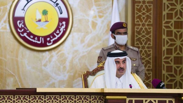 أمير قطر الشيخ تميم بن حمد آل ثاني يلقي كلمة أمام مجلس الشورى في الدوحة، قطر، 3 نوفمبر/ تشرين الثاني 2020 - سبوتنيك عربي