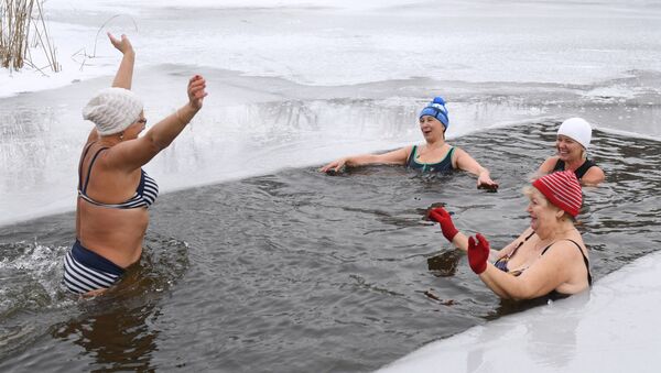 أعضاء نادي التصلب لمحبي السباحة الشتوية، خلال افتتاح موسم السباحة الشتوي في بحيرة بليودتسيه في نوفوسيبيرسك، روسيا 21 نوفمر 2020 - سبوتنيك عربي