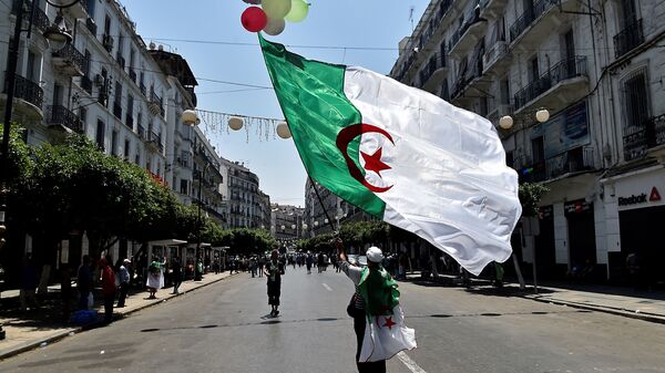 صورة لمتظاهر جزائري في الجزائر العاصمة يوم 26 يوليو 2019 ، في آخر أسابيع من المسيرات ضد الطبقة الحاكمة وسط أزمة سياسية مستمرة في البلاد - سبوتنيك عربي