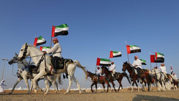رجال إماراتيون يلوحون بأعلامهم الوطنية ويمتطون الخيول خلال مهرجان الشيخ زايد التراثي 2015 في العاصمة أبوظبي - سبوتنيك عربي
