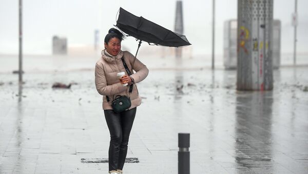 امرأة تسير بصعوبة بسبب الرياح العاتية على شاطئ إل بوغاتيل في برشلونة أثناء العاصفة غلوريا التي ضربت الساحل الشرقي الإسباني، 21 يناير 2020 - سبوتنيك عربي