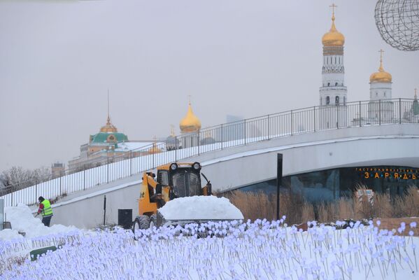 إزالة الثلوج من على الممرات في حديقة زارياديه في موسكو، 14 يناير 2021 - سبوتنيك عربي