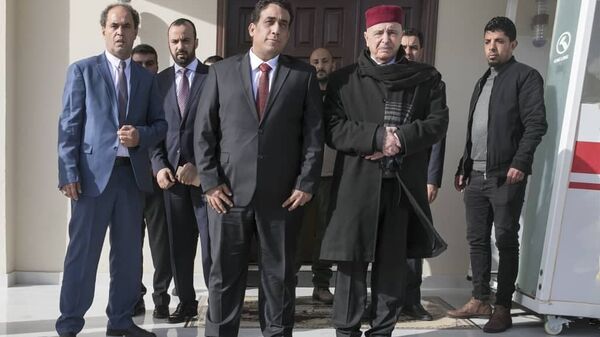 عقيلة صالح ورئيس المجلس الرئاسي الليبي محمد المنفي في البيضاء - سبوتنيك عربي
