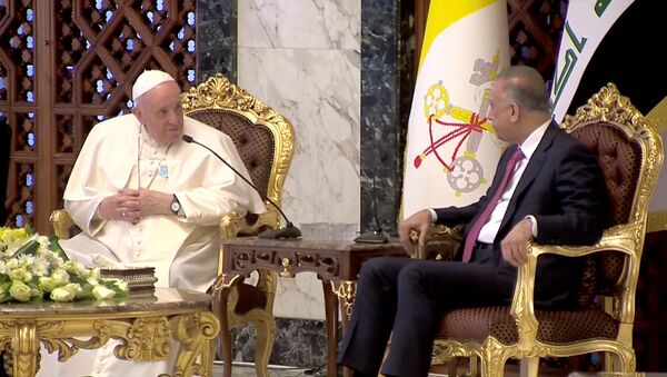  لقاء رئيس وزراء العراق مصطفي الكاظمي مع البابا فرانسيس إلى بغداد، العراق 5 مارس 2021 - سبوتنيك عربي