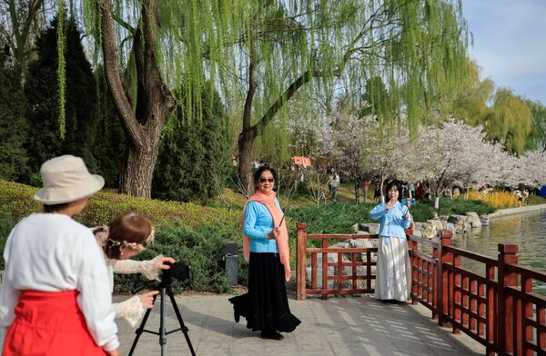 نساء يلتقطن صورا على خلفية تفتح أزهار شجر الكرز الشهيرة في هذا الوقت من العام، بكين، الصين 31 مارس 2021 - سبوتنيك عربي