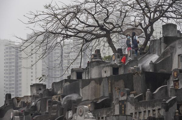 نساء يصلين في مقبرة خلال مهرجان تشينغ مينغ، حيث تظهر المباني السكنية العامة في الخلفية في هونغ كونغ، الصين. - سبوتنيك عربي
