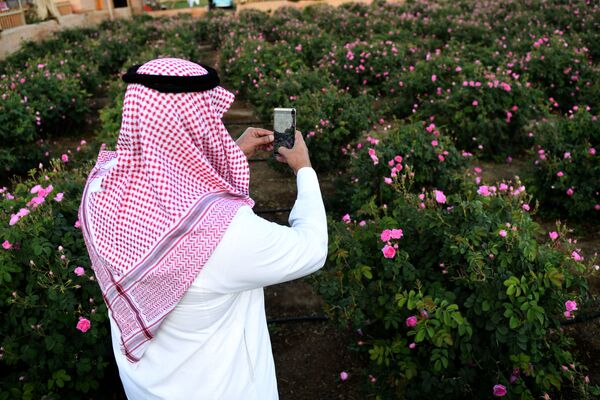 رجل سعودي يلتقط صورة للورود في مزرعة بن سلمان في مدينة الطائف غرب السعودية 13 مارس2021 - سبوتنيك عربي