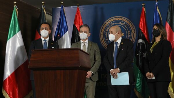 وزيرة الخارجية الليبية نجلاء منقوش بجوار وزراء خارجية إيطالية وألمانيا وفرنسا - سبوتنيك عربي