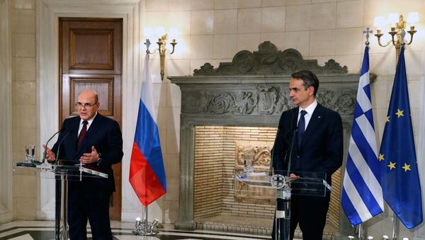 رئيس الوزراء الروسي واليوناني ميخائيل ميشوستين و رئيس الوزراءاليوناني كيرياكوس ميتسوتاكيس - سبوتنيك عربي