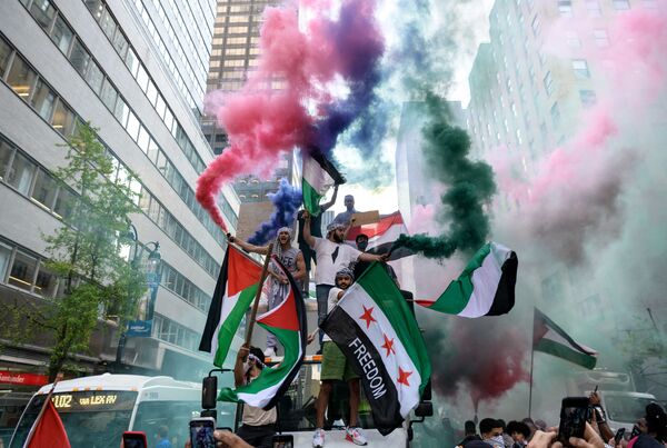 متظاهرون يرفعون علم فلسطين في مانهاتن، نيويورك، الولايات المتحدة 18 مايو 2021 - سبوتنيك عربي