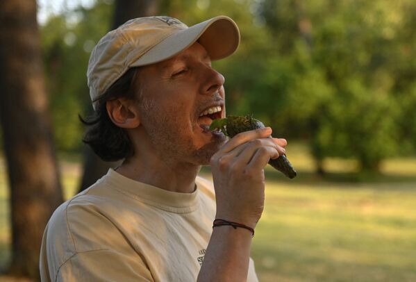 رجل يتذوق حشرة الزيز المحمصة خلال مهرجان سيكادا في حديقة فورت توتين بارك في واشنطن، الولايات المتحدة الأمريكية، 23 مايو 2021 - سبوتنيك عربي