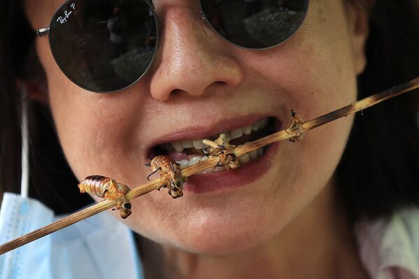امرأة تتذوق حشرة الزيز المحمصة خلال مهرجان سيكادا في حديقة دكتور جيم ديوكز غرية فارماسي في كروفتون، بولاية ماريلاند، الولايات المتحدة الأمريكية، 22 مايو 2021 - سبوتنيك عربي