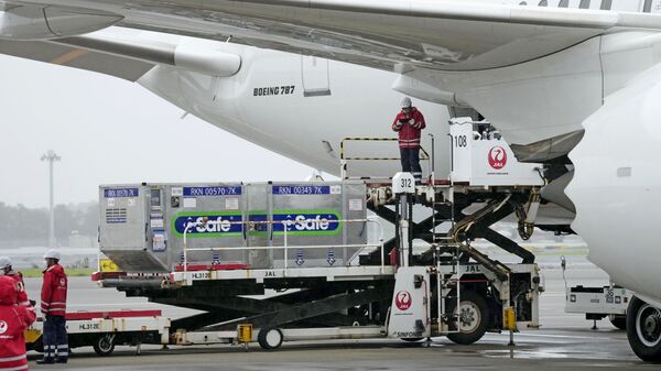 عمال يقومون بتحميل حاويات تحتوي على لقاحات ضد فيروس كورونا المستجد إلى طائرة قبل إقلاع الطائرة المتجهة نحو تايوان في مطار ناريتا الدولي في ناريتا، شرق طوكيو، اليابان، 4 يونيو/ حزيران 2021 - سبوتنيك عربي