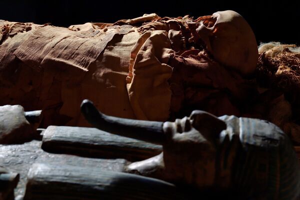  المومياء المصرية بجوار التابوت الخاص بها في متحف بيرغامو للآثار، إيطاليا 21 يونيو 2021 - سبوتنيك عربي