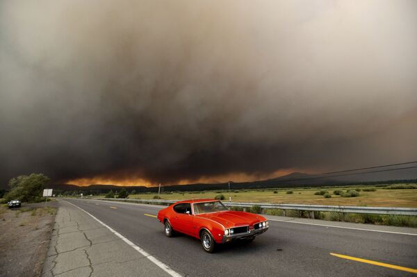 سيارة تغادر تشيستر على خلفية حرائق الغابات في ولاية كاليفورنيا، الولايات المتحدة الأمريكية 4 أغسطس 2021 - سبوتنيك عربي