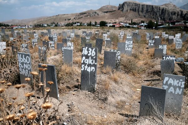 مقبرة حيث تم دفن مهاجرين غير شرعيين مجهولي، ماتوا بعد عبورهم إلى تركيا قادمين من إيران، في مدينة فان الحدودية في تركيا، 24 أغسطس 2021 - سبوتنيك عربي