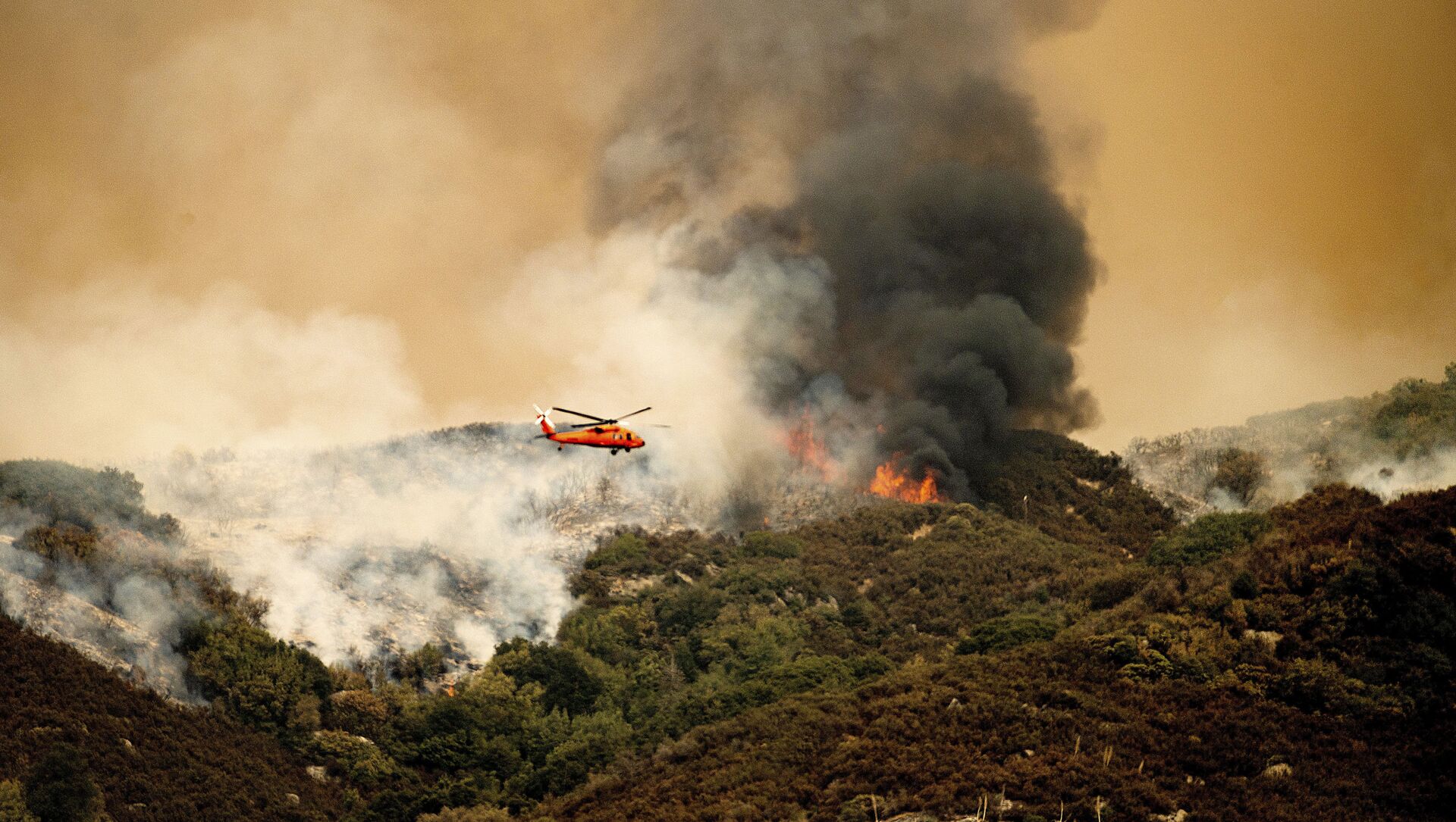 طائرة هليكوبتر تستعد لإسقاط الماء على حريق مجمع كي إن بي في حديقة سيكويا الوطنية، كاليفورنيا، 15 سبتمبر 2021. - سبوتنيك عربي, 1920, 19.09.2021