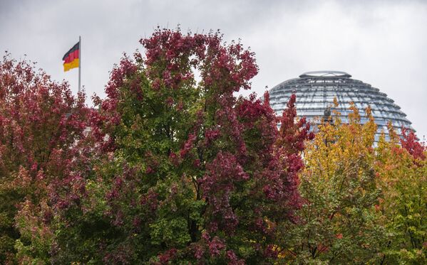 تتزين الأشجار بألوان زاهية أمام مبنى الرايخستاغ حيث يرفرف العلم الألماني، بينما الخريف في برلين، ألمانيا 12 أكتوبر 2021. - سبوتنيك عربي