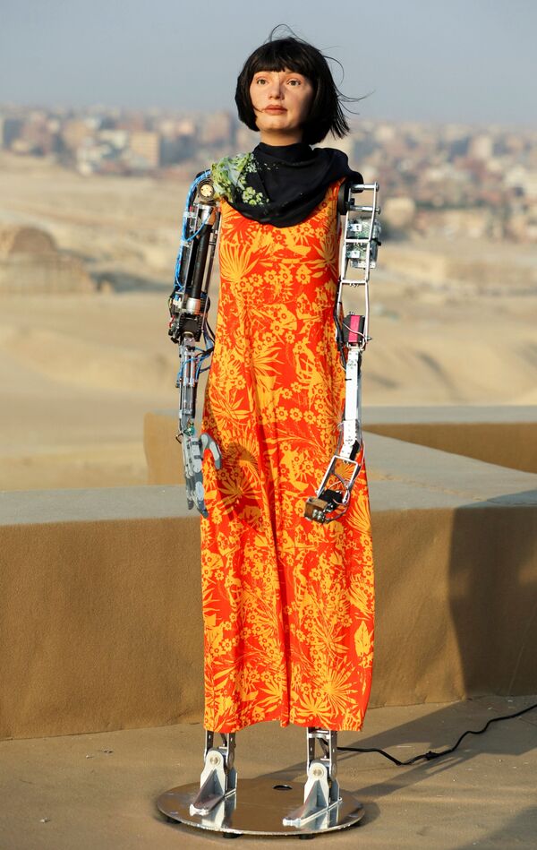 تقف فنانة الروبوت أي-دا، التي توصف بأنها أول فنانة روبوت ذات ذكاء اصطناعي فائقة الواقعية في العالم في أهرامات الجيزة، حيث تعرض منحوتاتها خلال معرض فني دولي، على أطراف مدينة القاهرة، مصر، 23 أكتوبر 2021.  - سبوتنيك عربي
