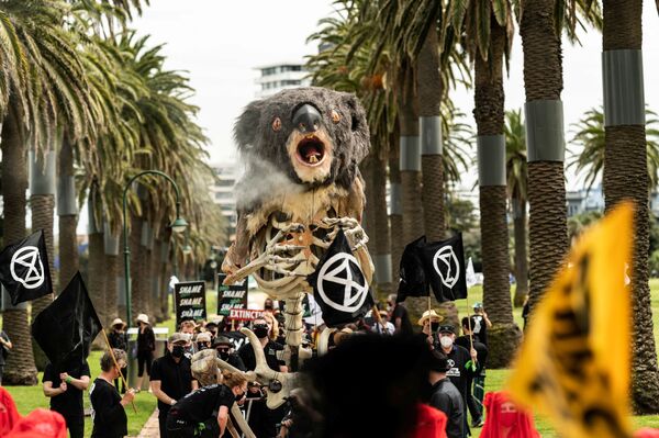 بلينكي، دمية كوالا تبلغ ارتفاعها أربعة أمتار، في مسيرة لنشطاء حركة تمرد ضد الانقراض يقيمون جنازة كوالا بمناسبة تغير المناخ، في ملبورن، أستراليا، 6 نوفمبر 2021 - سبوتنيك عربي