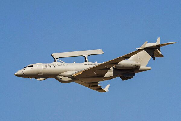 طائرة تابعة للقوات الجوية الإماراتية من طراز Saab Global 6000 Globaleye للإنذار المبكر والتحكم (AEW & C)، خلال معرض دبي للطيران 2021 في دبي، الإمارات، 14 نوفمبر 2021. - سبوتنيك عربي