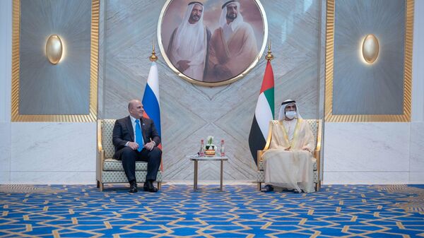 حاكم دبي محمد بن راشد آل مكتوم خلال لقائه برئيس الوزراء الروسي ميخائيل ميشوستين في دبي - سبوتنيك عربي