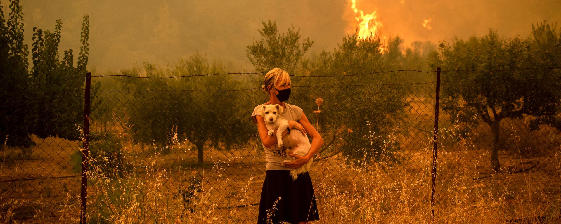 امرأة تحمل كلبًا بين ذراعيها مع اقتراب حرائق الغابات من قرية بيفكي في جزيرة إيفيا، ثاني أكبر جزيرة في اليونان، 8 أغسطس 2021. - سبوتنيك عربي, 1920, 03.03.2023