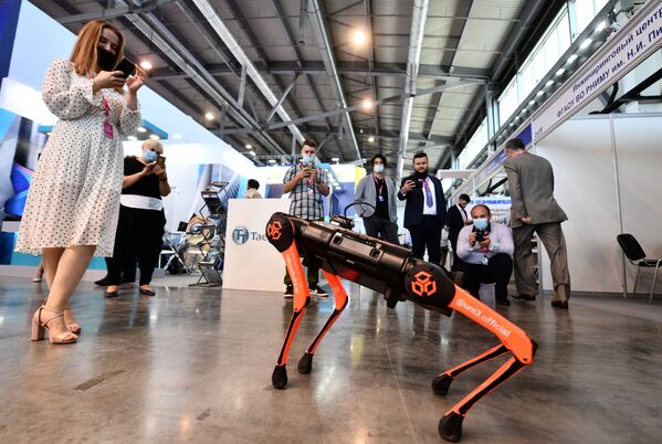الكلب الآلي أوني تري (Unitree) في المعرض الصناعي الدولي إنوبروم-2021 في يكاترينبورغ، روسيا 5 يوليو 2021 - سبوتنيك عربي