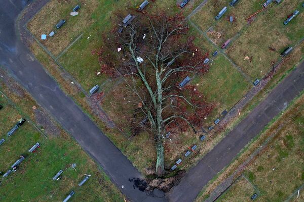 منظر جوي لشجرة سقطت في مقبرة بعد اندلاع مدمر للأعاصير التي اجتاحت العديد من الولايات الأمريكية، مايفيلد، كنتاكي، الولايات المتحدة، 17 ديسمبر ، 2021. تم التقاط الصورة بطائرة بدون طيار. - سبوتنيك عربي