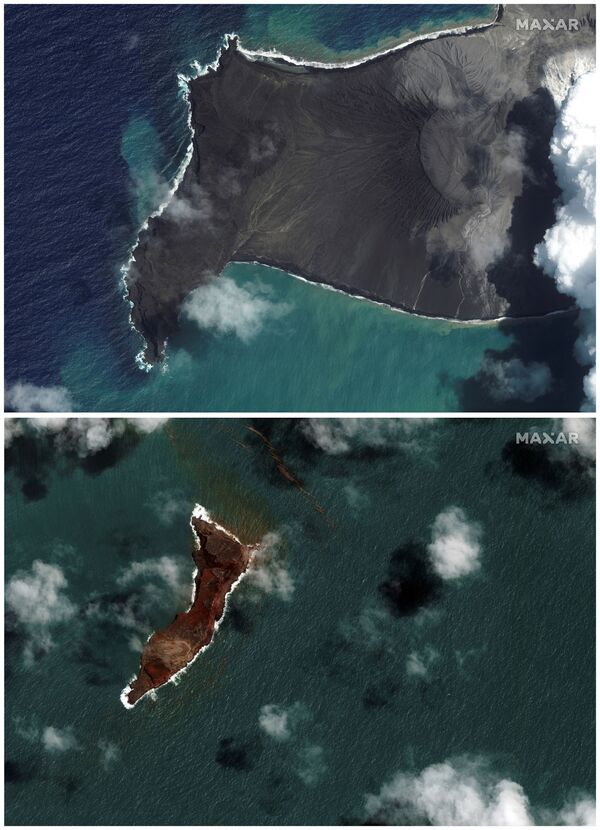 تُظهر مجموعة من صور الأقمار الصناعية مرافق الميناء الرئيسية قبل الثوران الرئيسي لبركان هنغا تونغا-هونغا هاباي في 29 ديسمبر 2021 (أعلى) ونفس المنطقة في 18 يناير 2022 (أسفل)، في نوكوالوفا، تونغا. - سبوتنيك عربي