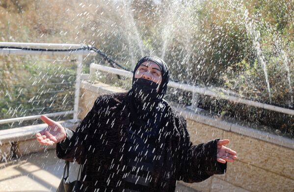 امرأة، وصفت نفسها بأنها مسلمة تسعى للعلاج بالمياه المقدسة، تشارك في احتفالات عيد الغطاس، بالقرب من أريحا في الضفة الغربية المحتلة، 18 يناير 2022. - سبوتنيك عربي