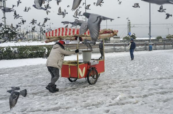 أحد البائعين يسحب عربة الذرة في مقاطعة إمنونو في إسطنبول في 25 يناير 2022 بعد عاصفة ثلجية. - سبوتنيك عربي