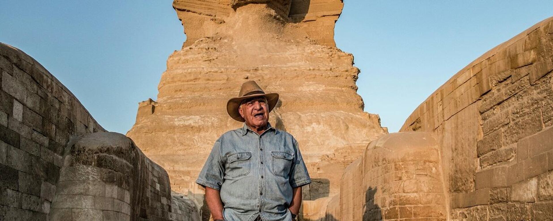 عالم الآثار المصري، الدكتور زاهي حواس، يقف أمام تمثال أبو الهول، الجيزة، القاهرة - سبوتنيك عربي, 1920, 15.02.2022