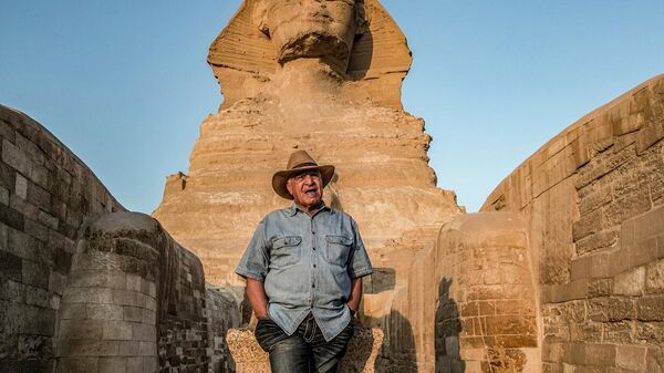 عالم الآثار المصري، الدكتور زاهي حواس، يقف أمام تمثال أبو الهول، الجيزة، القاهرة - سبوتنيك عربي