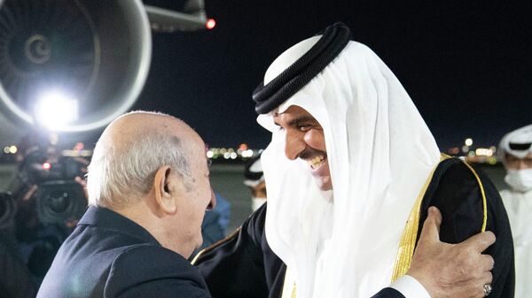 أمير قطر، الشيخ تميم بن حمد آل ثاني، يستقبل الرئيس الجزائري، عبد المجيد تبون، في مطار حمد الدولي في الدوحة، قطر، 19 فبراير/ شباط 2022 - سبوتنيك عربي