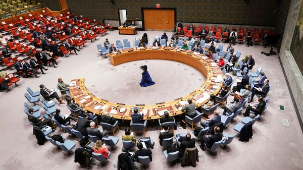  اجتماع مجلس الأمن التابع للأمم المتحدة بعد أن اعترفت روسيا بمنطقتين منفصلتين في شرق أوكرانيا ككيانين مستقلين، في مدينة نيويورك، الولايات المتحدة 21 فبراير 2022. - سبوتنيك عربي